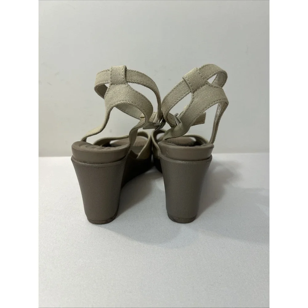 Crocs Women's Sz 6 Leigh II Cross Ankle Strap Wedge Sandals Beige Canvas Comfort